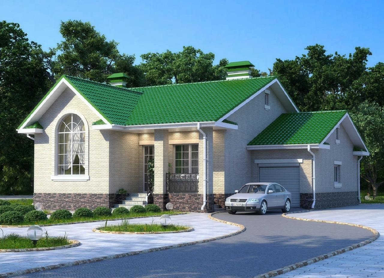 Одноэтажный Дом С Зеленой Крышей