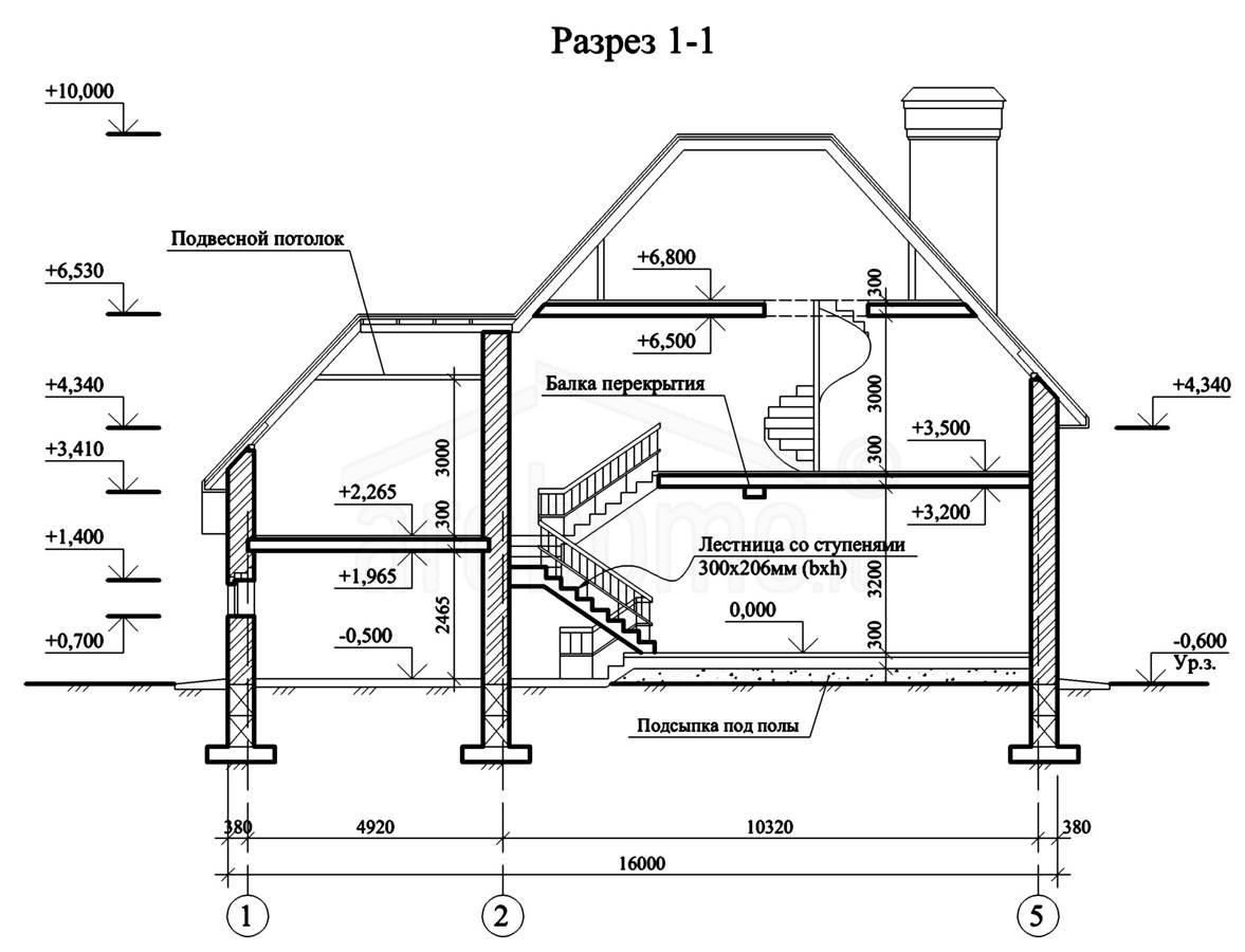 Разрез двухэтажного дома с подвалом чертеж